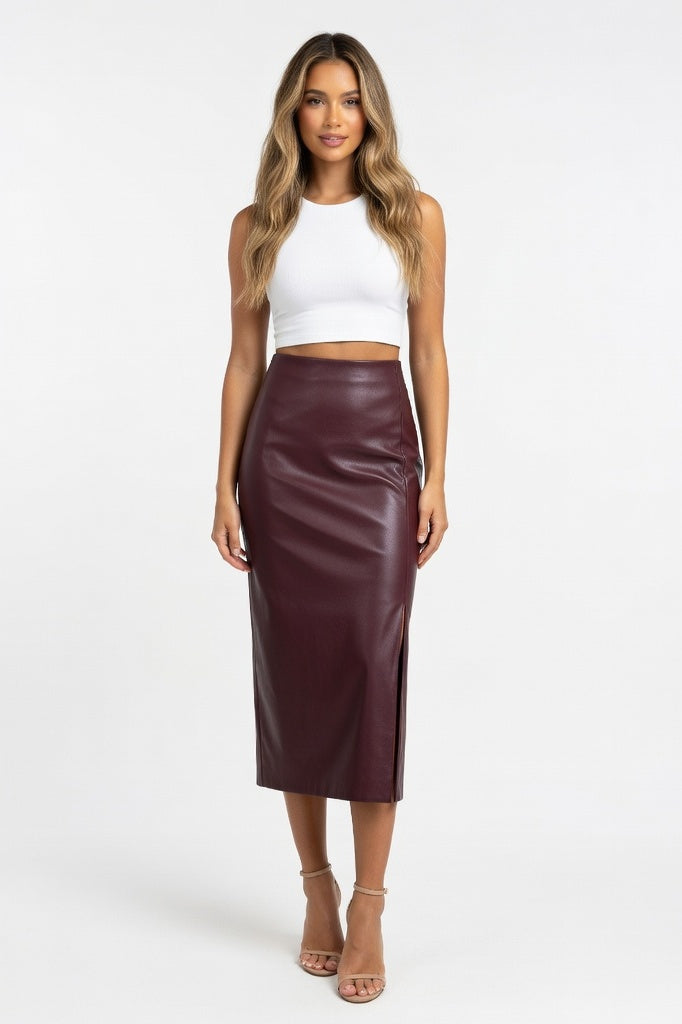 PU Leather Slit Midi Skirt — Burgundy