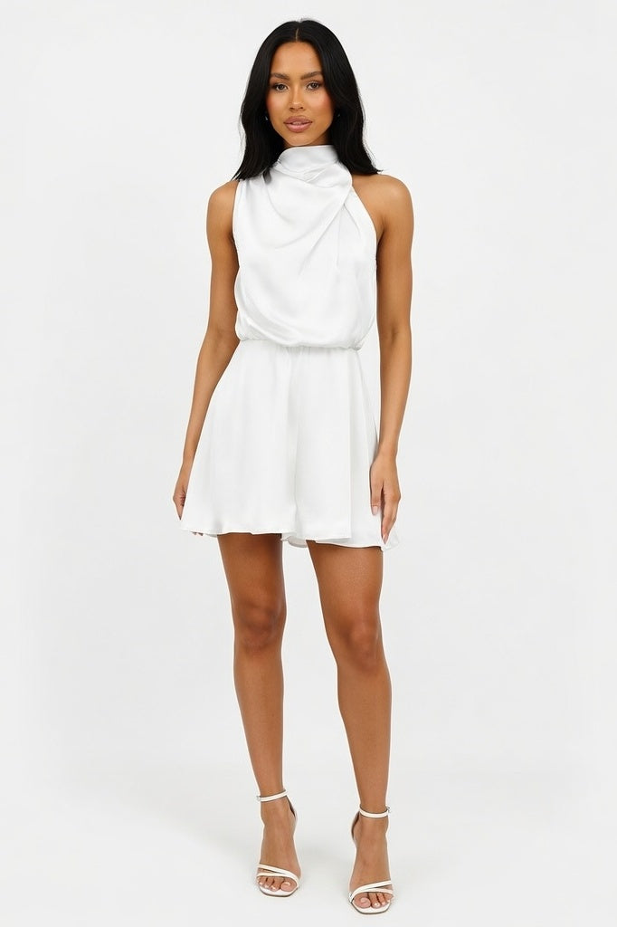 Halterneck Satin Playsuit — Off White