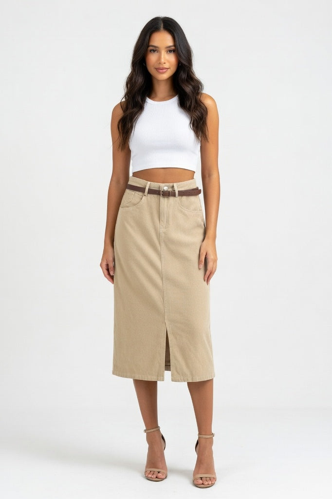 Belted Denim A-Line Skirt — Cream