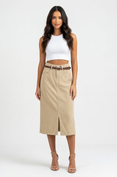 Belted Denim A-Line Skirt — Cream