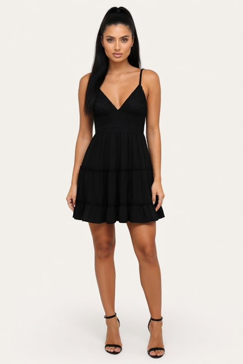Lace Splice Suspender Dress — Black