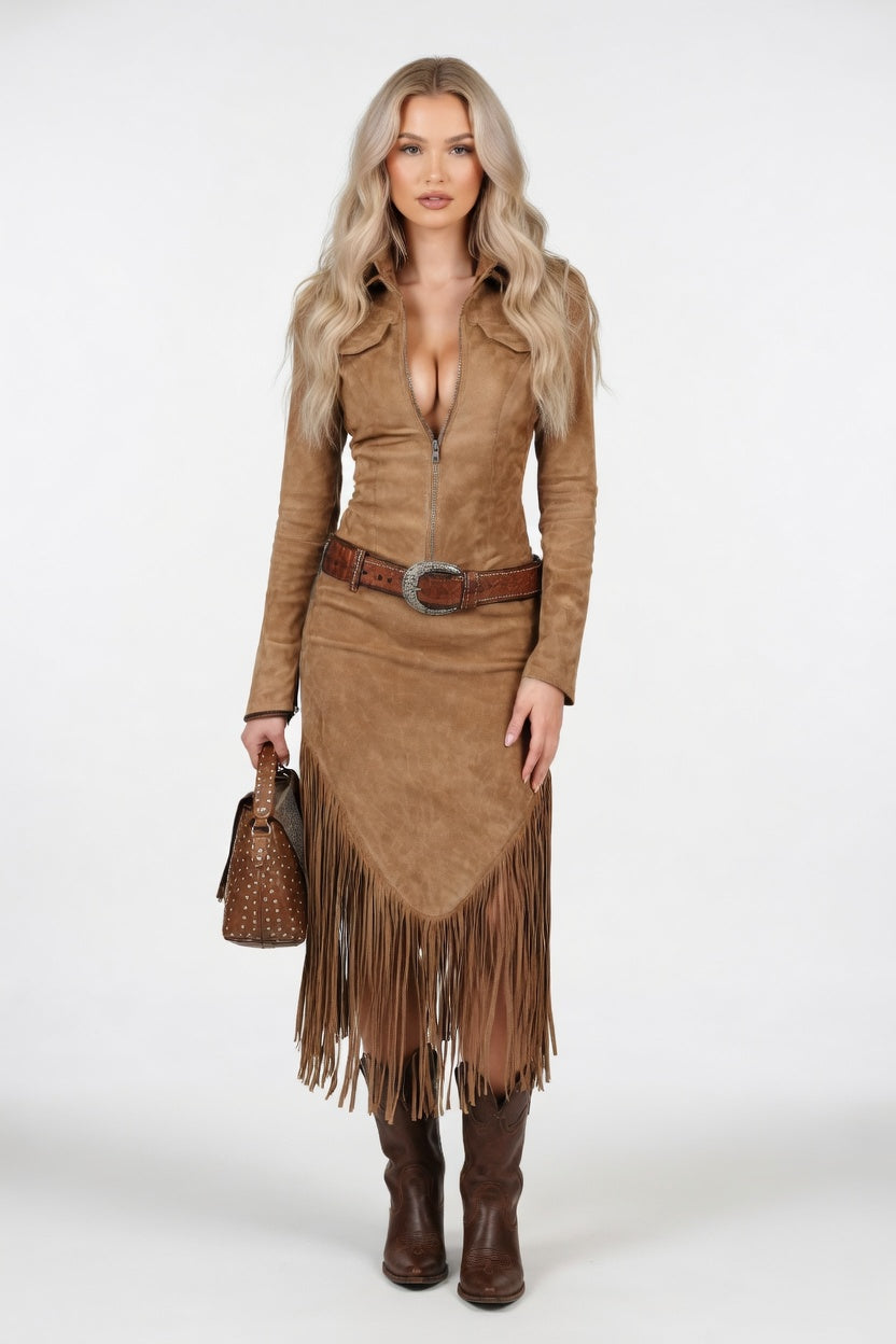 Suede Western Midi Dress — front view