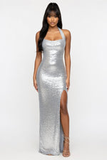Sequined Halter Slit Dress — Grey