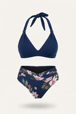 Halter Push-Up Split Swimsuit — Navy Blue