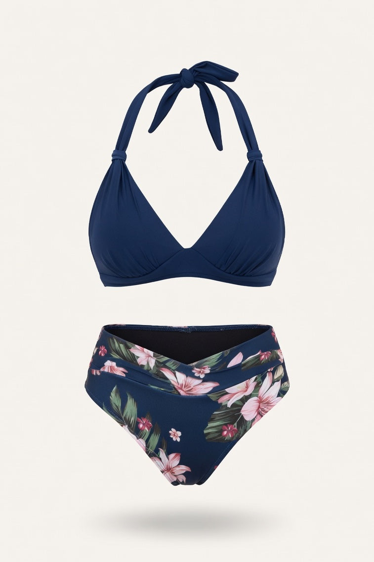 Halter Push-Up Split Swimsuit — Navy Blue