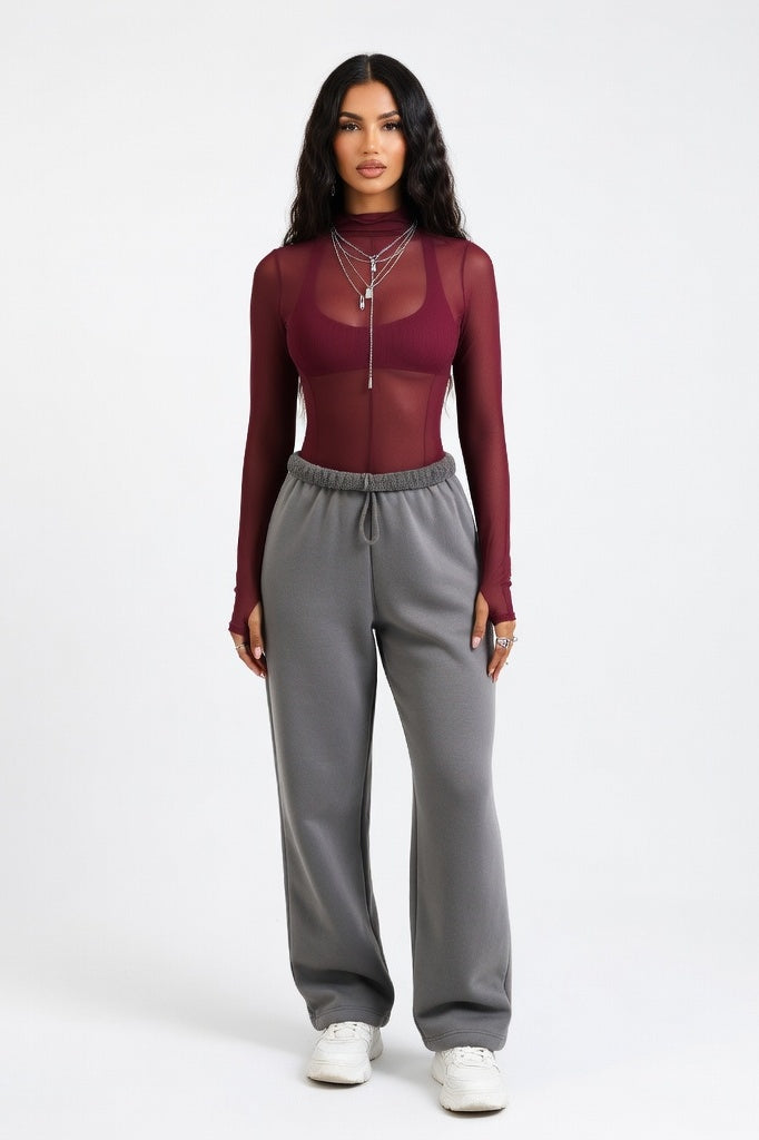 Sheer Mesh Half Turtleneck Top — Burgundy