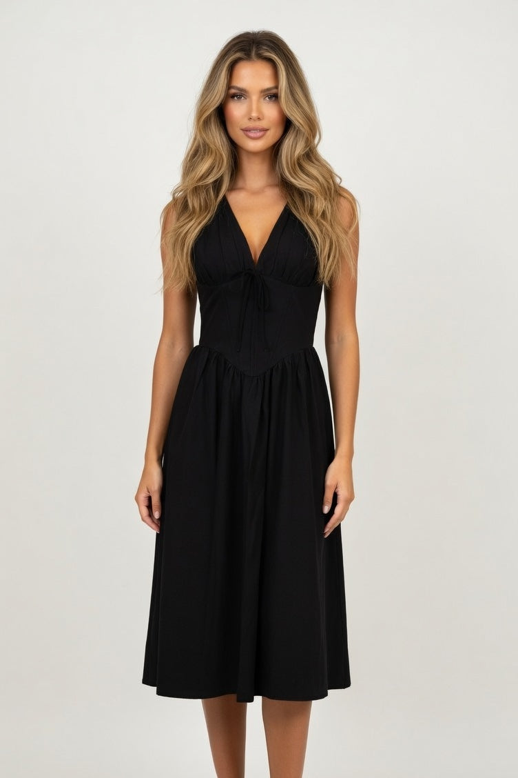V-Neck Printed Halter Dress — Black