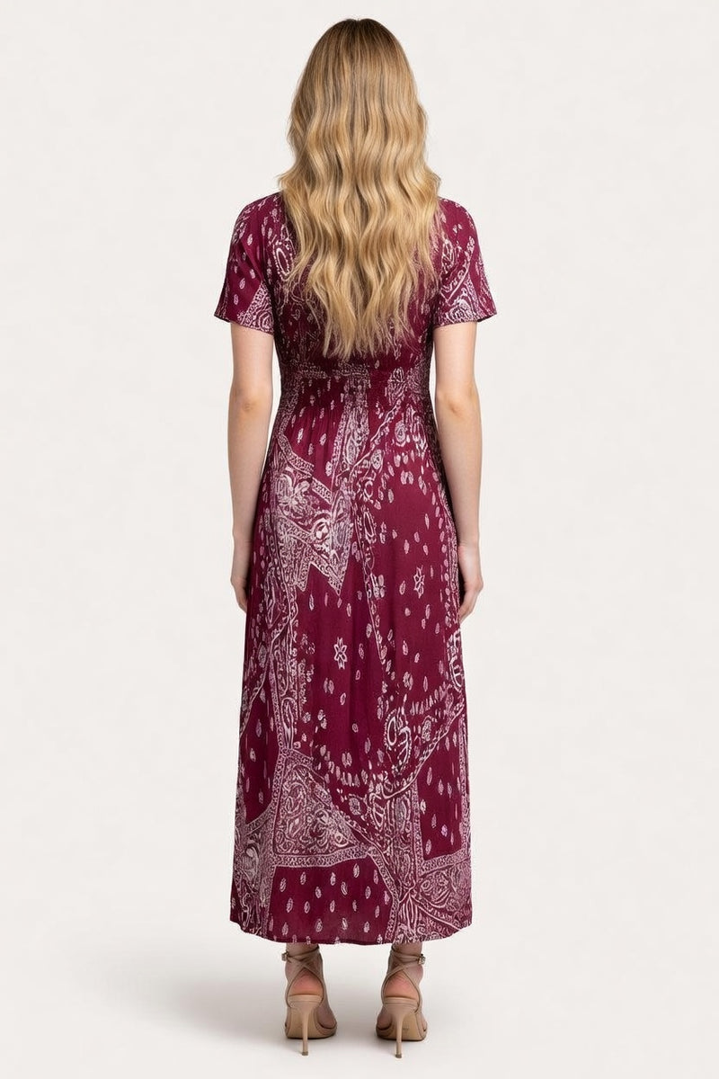 Printed Midi Dress Round Neck Short Sleeve — back view