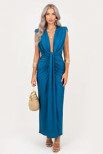 Satin V-Neck Pleated Dress — Blue