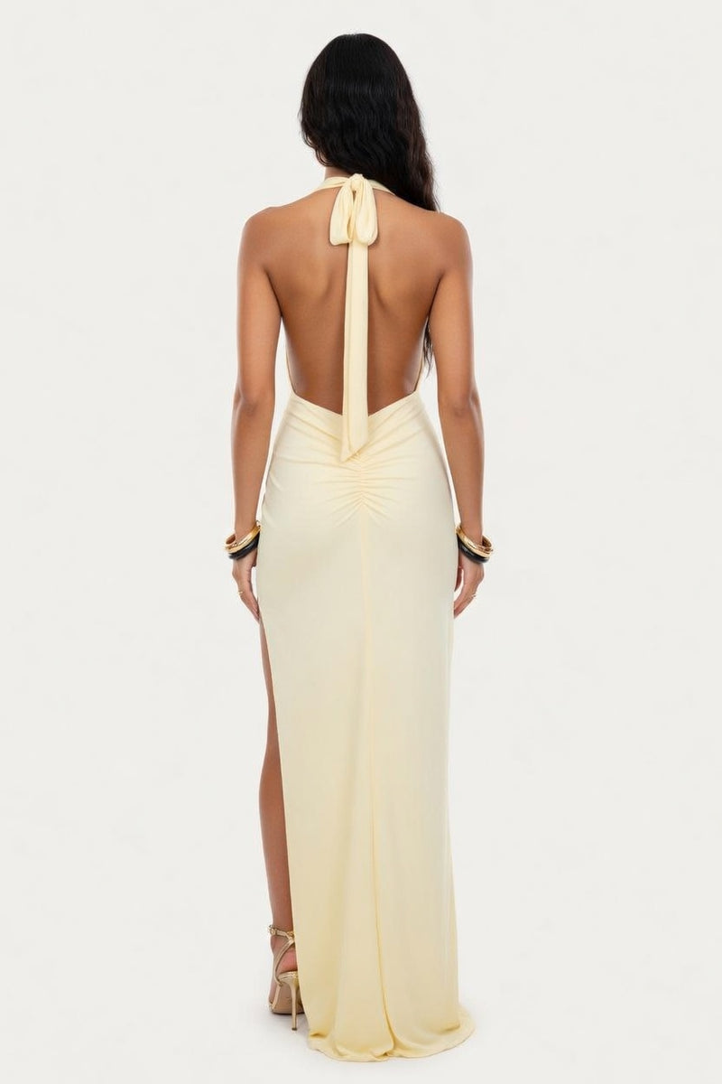 Deep V Halter Maxi Dress — back view