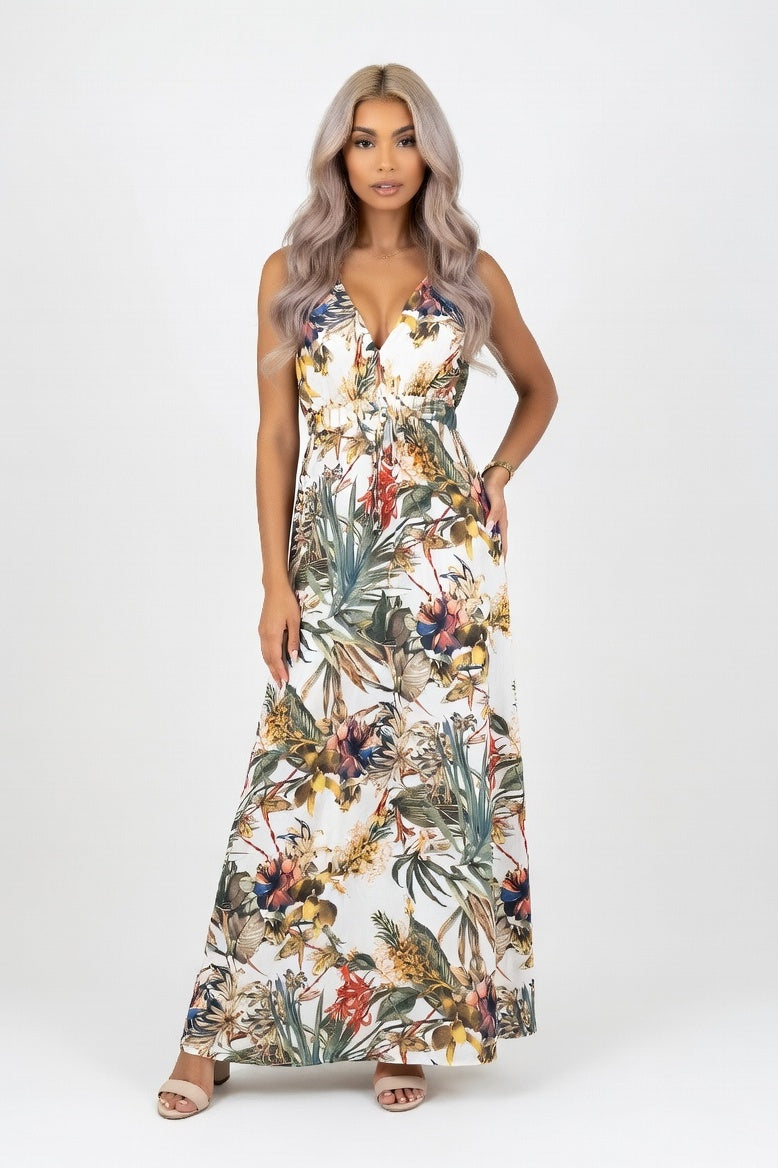 Open Back Print Dress — White Print