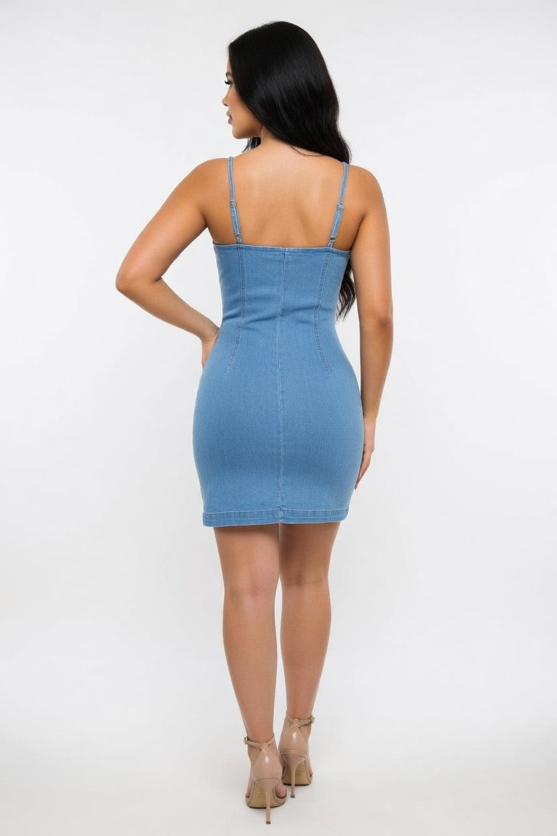 Denim Bodycon Dress with Side Slit — back view