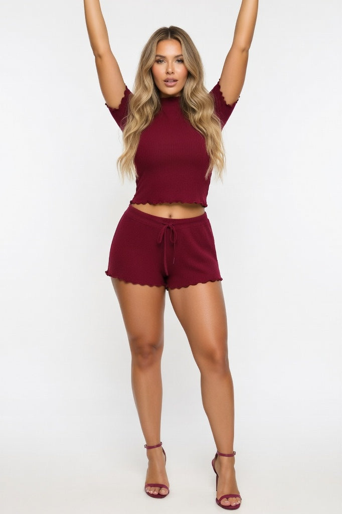 Modal Turtleneck Top & Shorts Co-ord — Burgundy