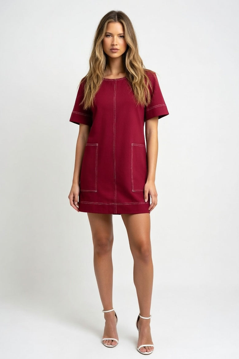 Casual Dress with Pocket Detail — Burgundy