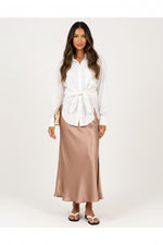 Satin Side Slit Midi Skirt — Pink