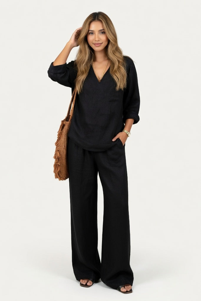V-Neck Co-Ord Set — Black