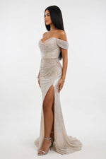 Sequined Off-Shoulder Slit Dress — side view