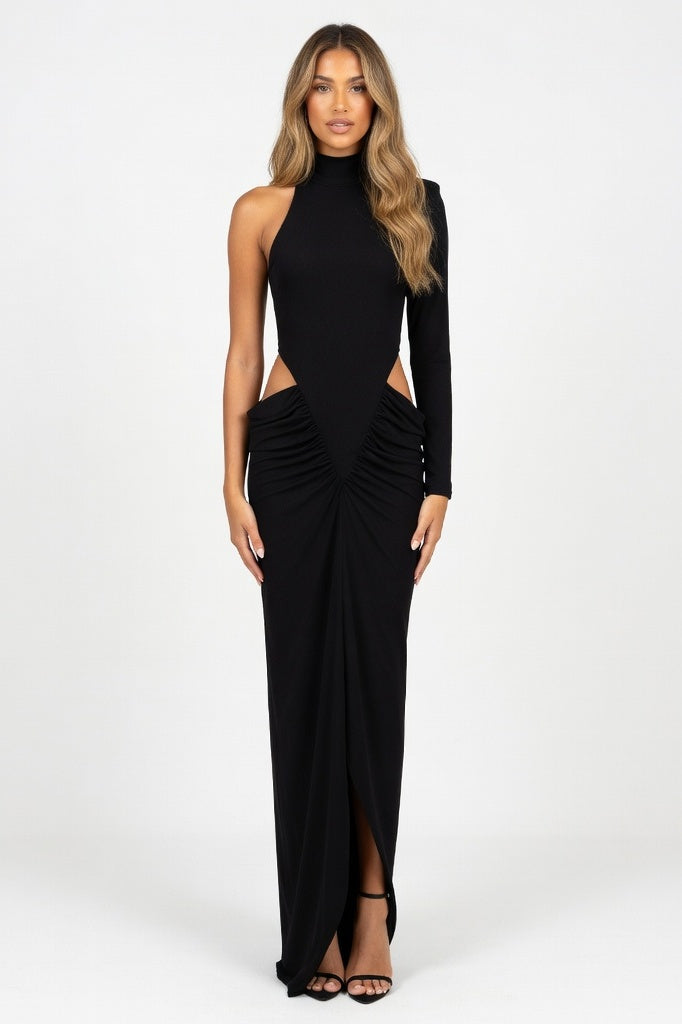 High-Neck Cutout Midi Dress — Black