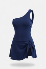 One Shoulder Print Swimsuit — Navy Blue