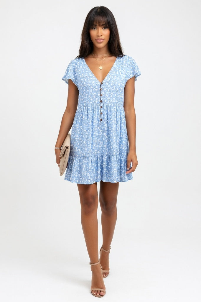 V-Neck Floral Chiffon Dress — Blue