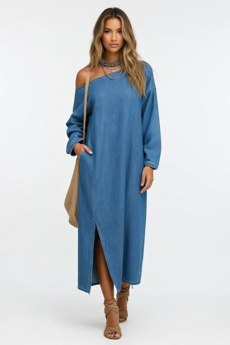 Off-Shoulder Slit Maxi Dress — Blue