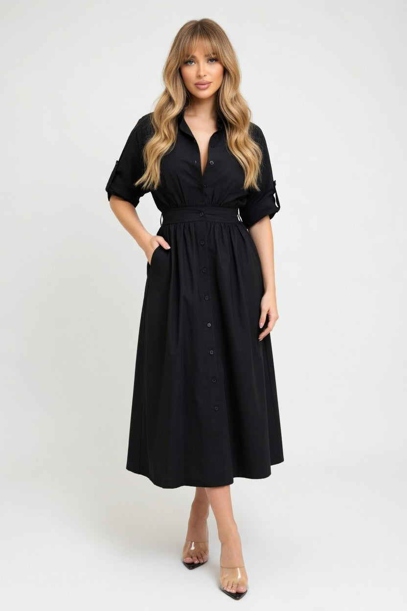 Belted Shirt Dress — Black