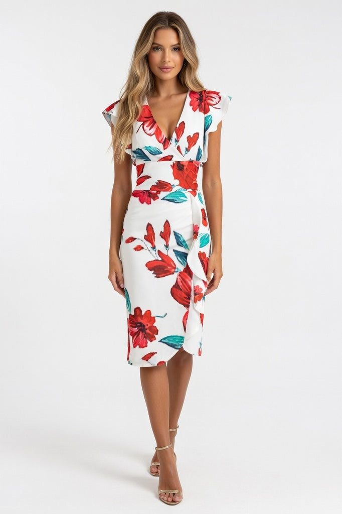 V-Neck Ruffle Dress — White Red Floral