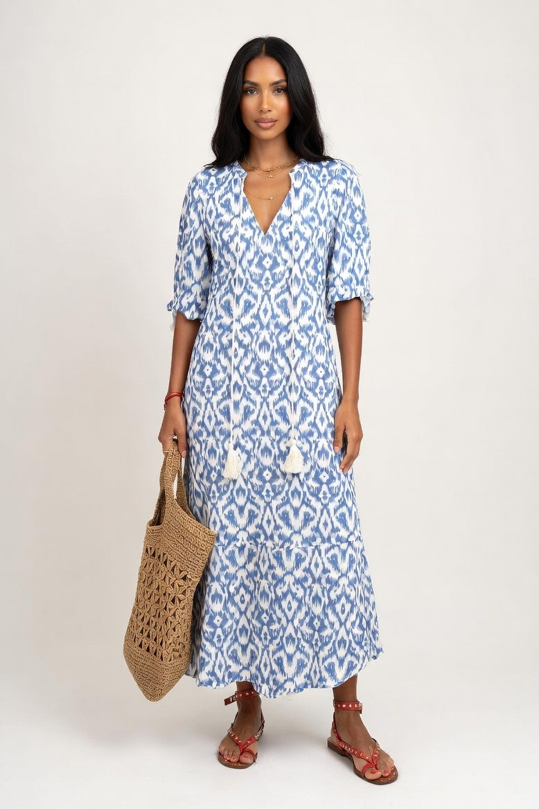 V-Neck Printed Mid-Sleeve Dress — Sky Blue