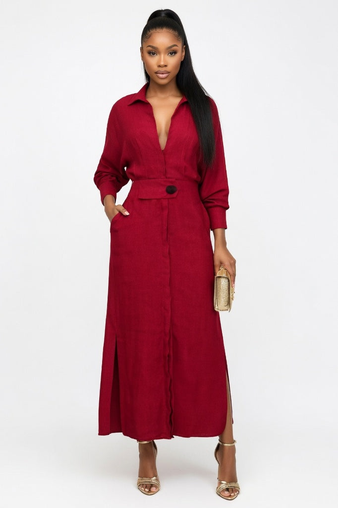 V-Neck Shirt Dress — Burgundy