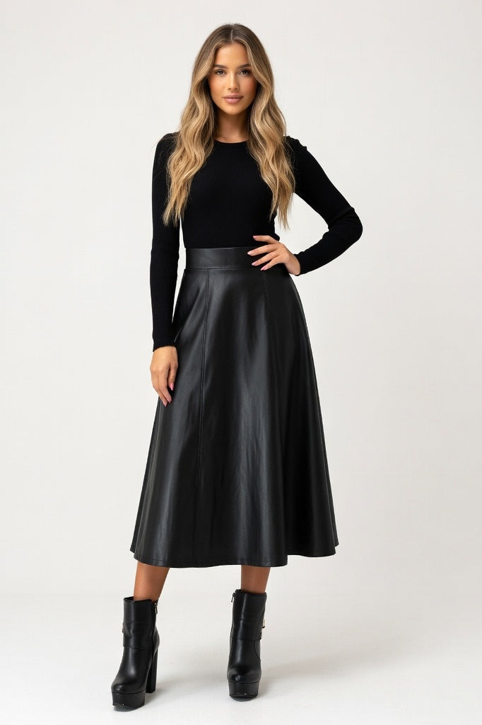 High Waist PU Leather Midi Skirt — Black