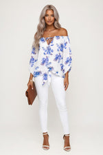 Off-Shoulder Lantern Sleeve Top — Blue