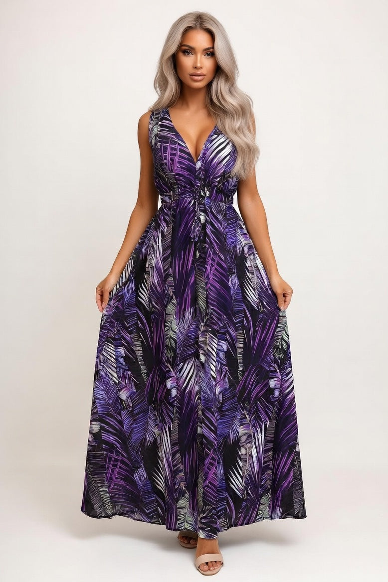 Printed Open Back Strap Dress — Purple Print