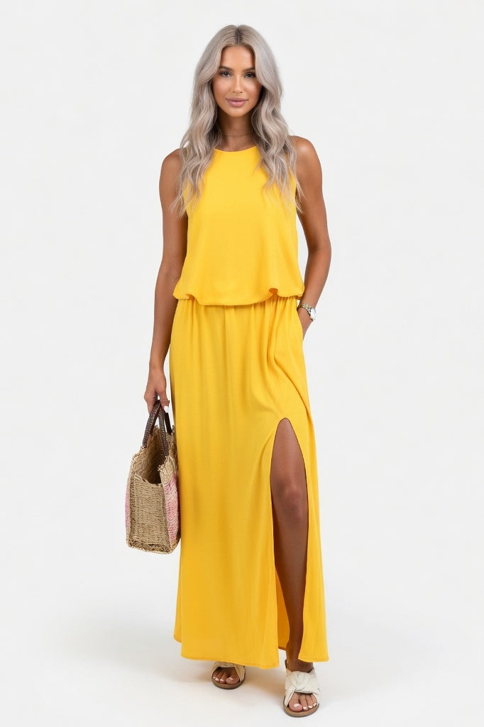 Halter Split Midi Dress — Yellow