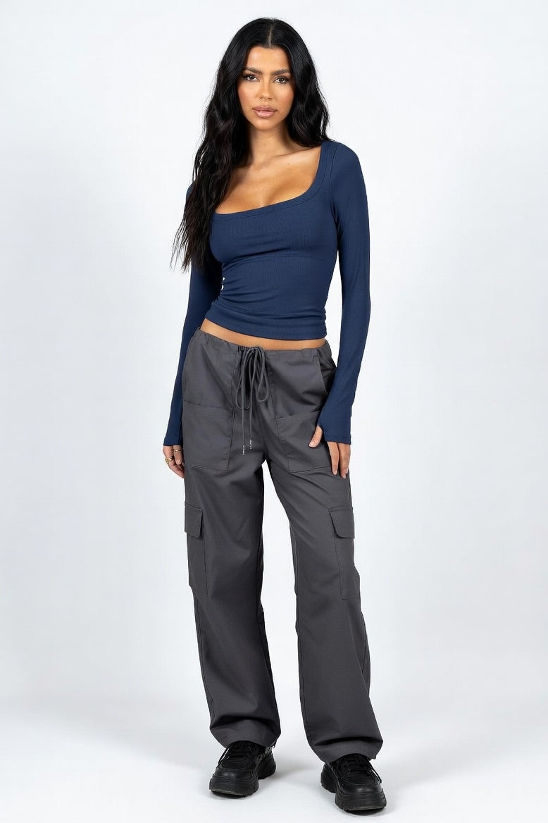 Ribbed U-Neck Long Sleeve Top — Dark Blue