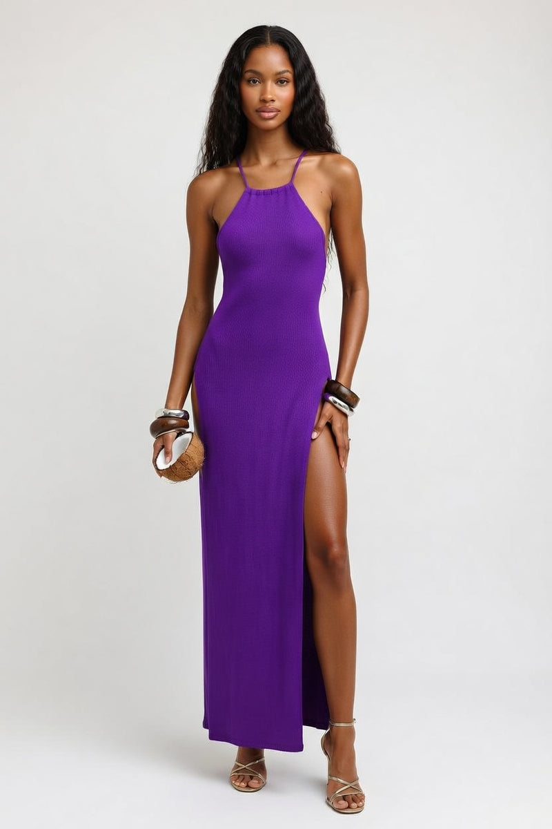 Knit Halter Dress with Side Slits — front view