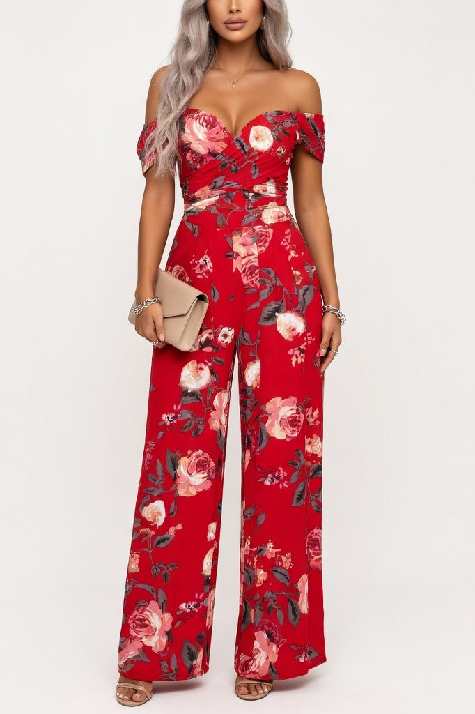 Printed Wide Leg Jumpsuit — Red Print