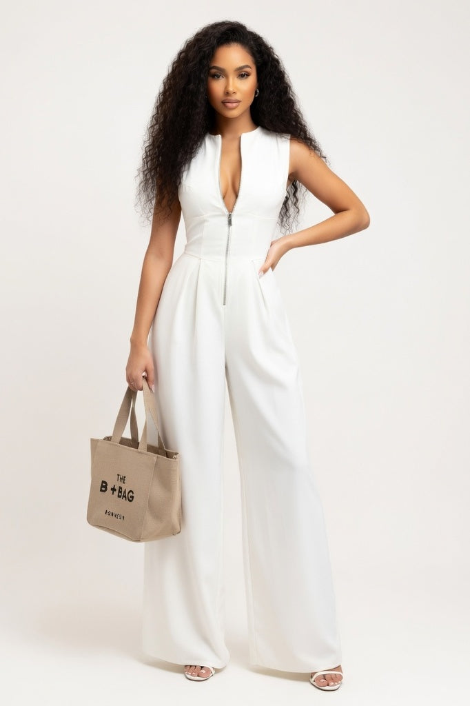 V-Neck Sleeveless Jumpsuit — White