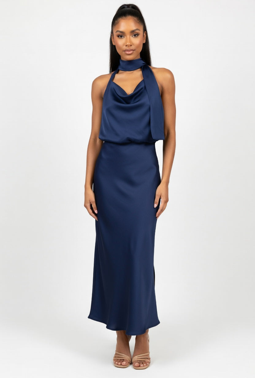 Satin Sleeveless Dress — Navy Blue