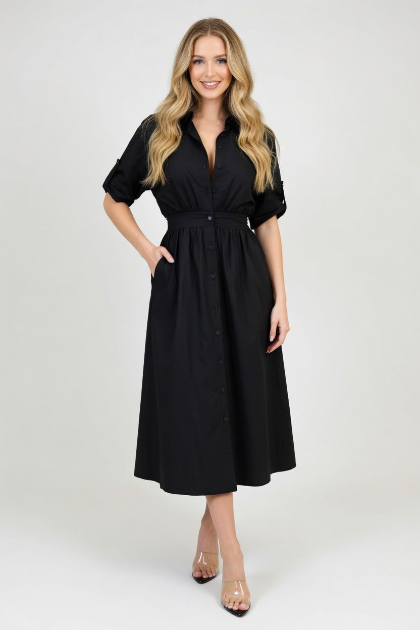 Belted Shirt Dress — Black
