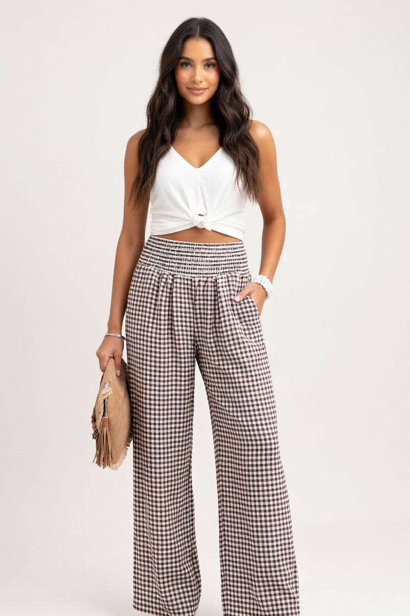 Check Print Wide Leg Trousers — Brown Check