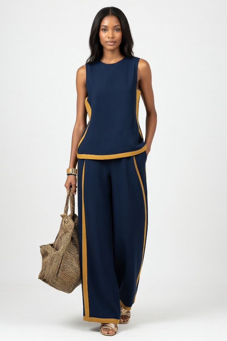 Contrast Wide Leg Co-Ord Set — Navy Blue