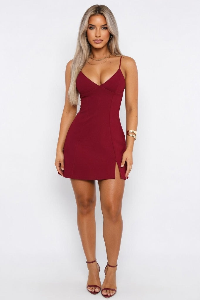Knitted Halter Mini Dress — Burgundy