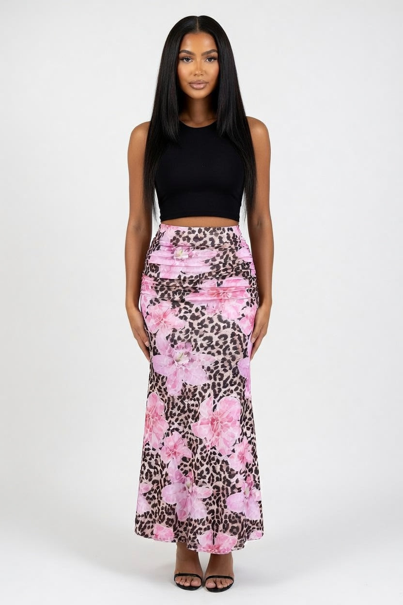 Fishtail Pleated Skirt — Leopard Floral