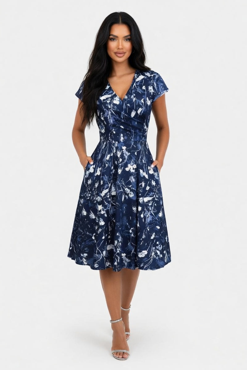 Printed Round Neck Pocket Dress — front view