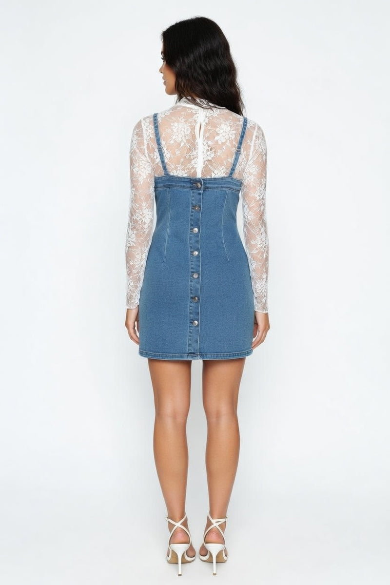 Distressed Denim Halter Dress — back view