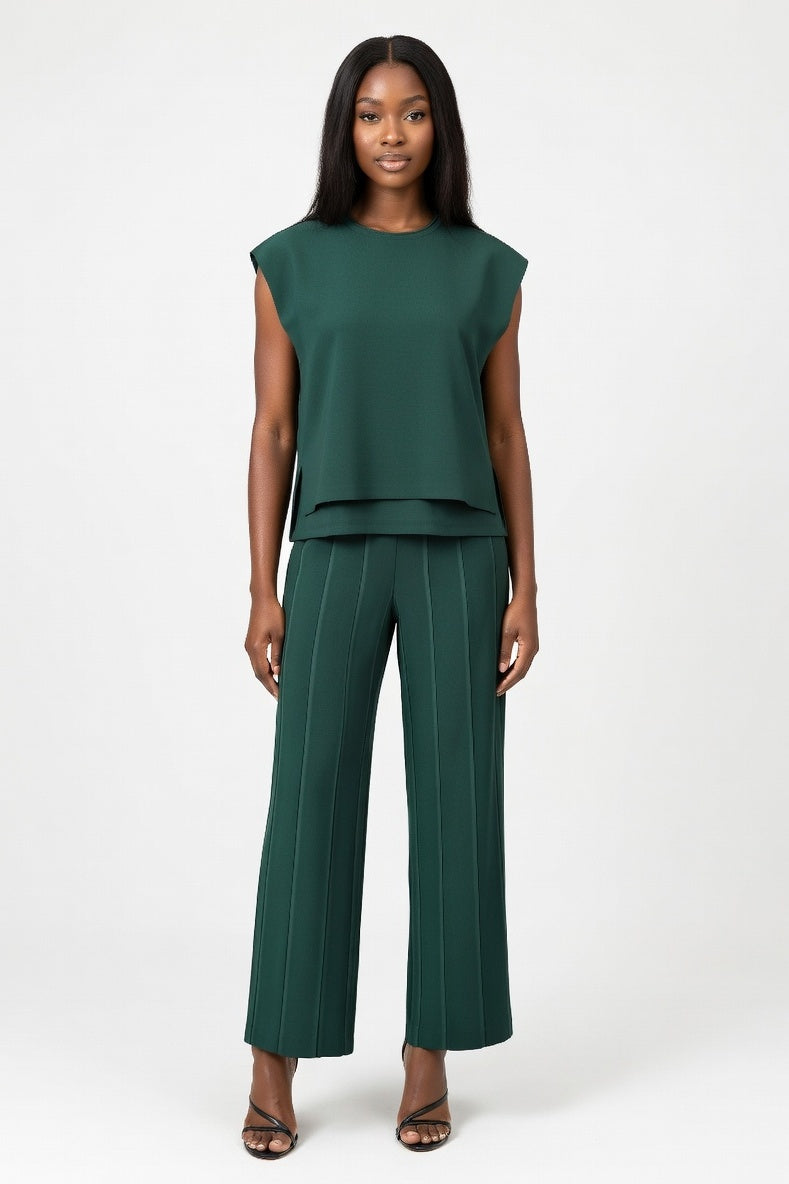 Knitted Co-ord Set Sleeveless Vest + Wide Leg Trousers — Dark Green