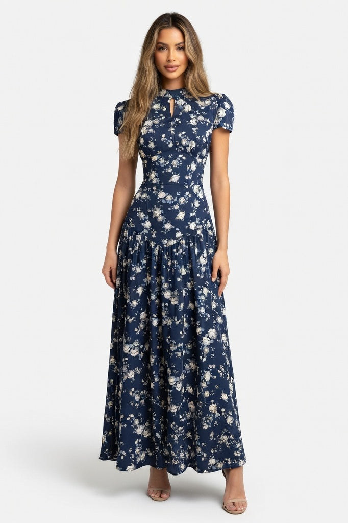 Printed Cut-Out Midi Dress — Blue
