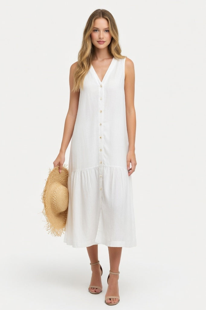 Linen V-Neck Maxi Dress — White