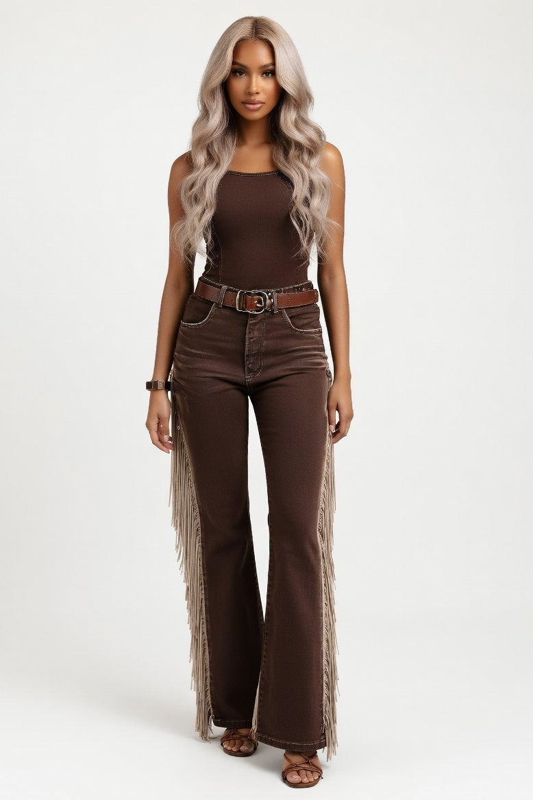 Tassel Flared Trousers — Light Brown