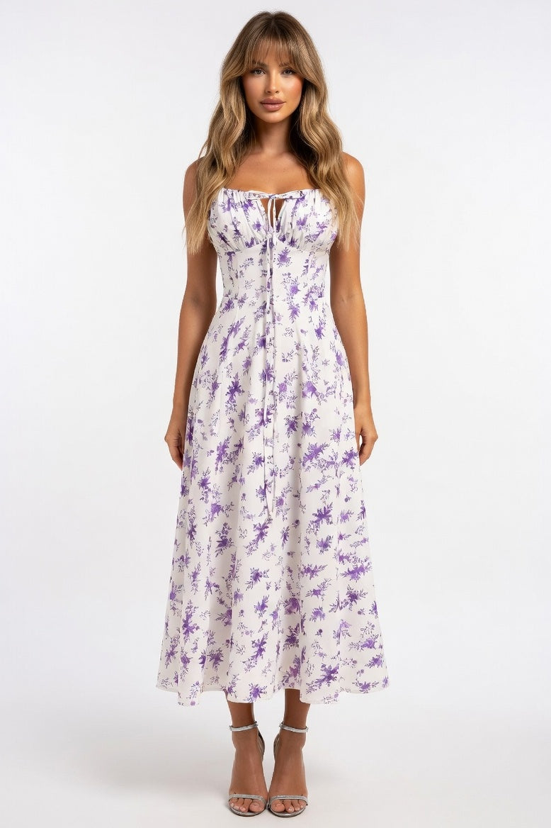 Cross-Back Print Maxi Dress — Purple Print